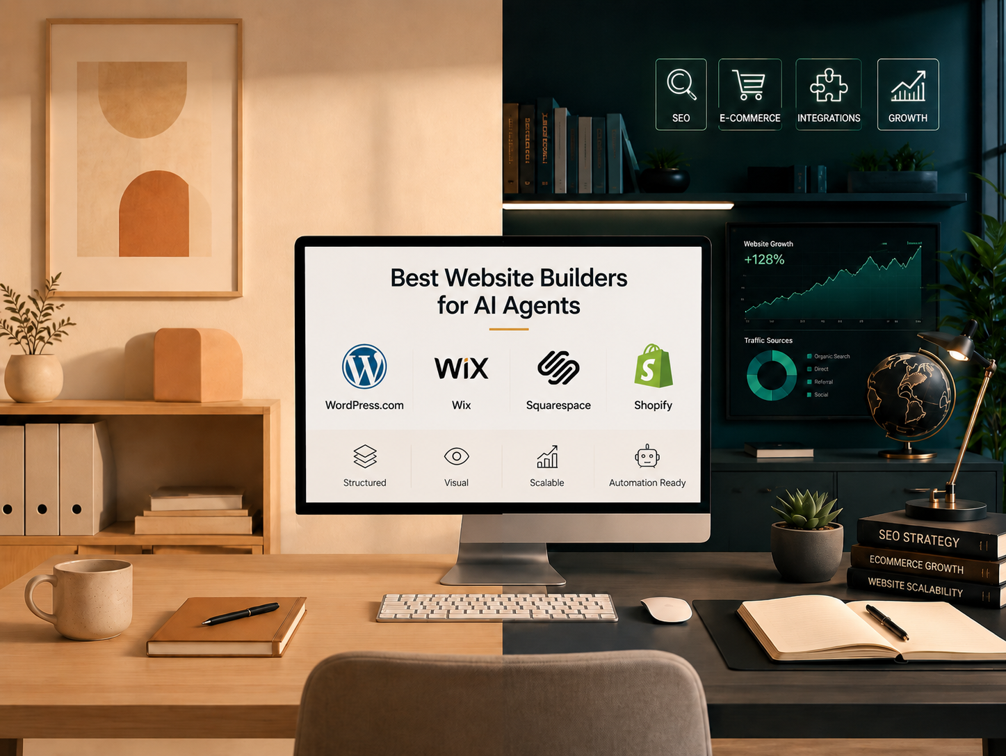 Best website builders for AI agents in 2026 featuring WordPress.com, Wix, Squarespace, and Shopify with AI automation, structured editing, scalability, and website management.